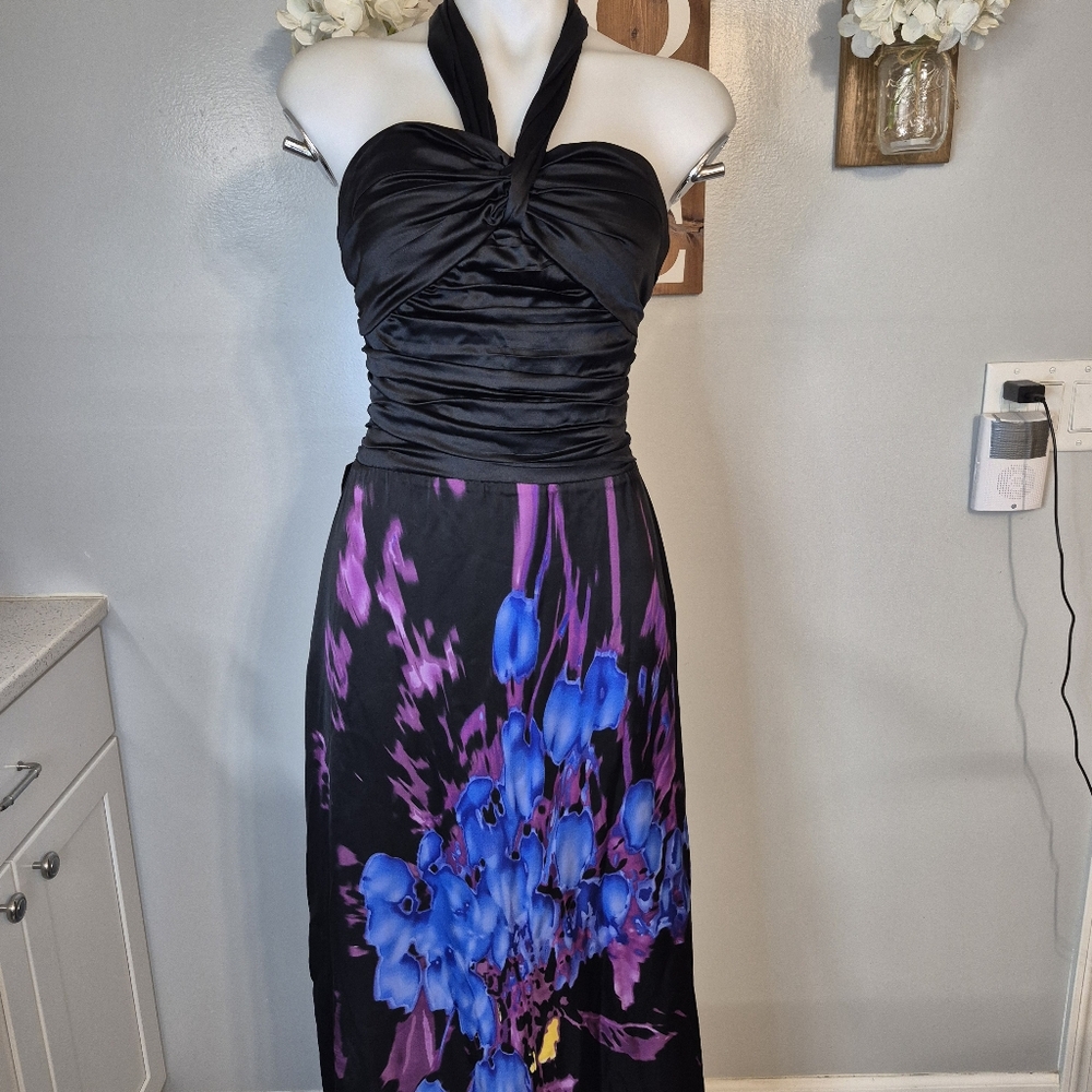 bebe Denora Bloom Silk Iris Tie Halter Silk Dress NWT